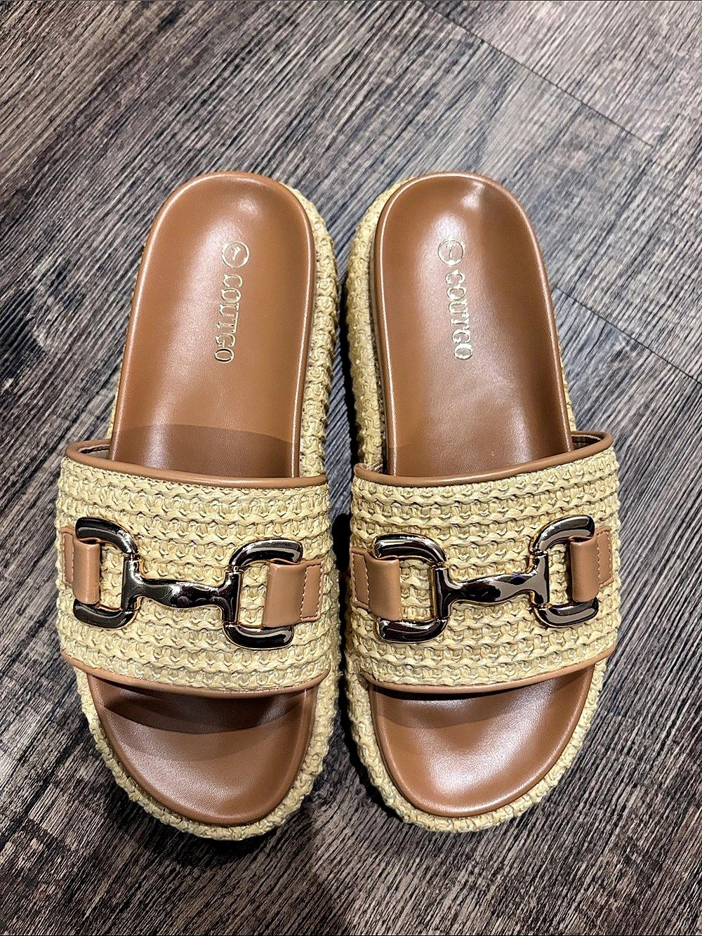 Woven Platform Slide Sandals in Beige & Brown